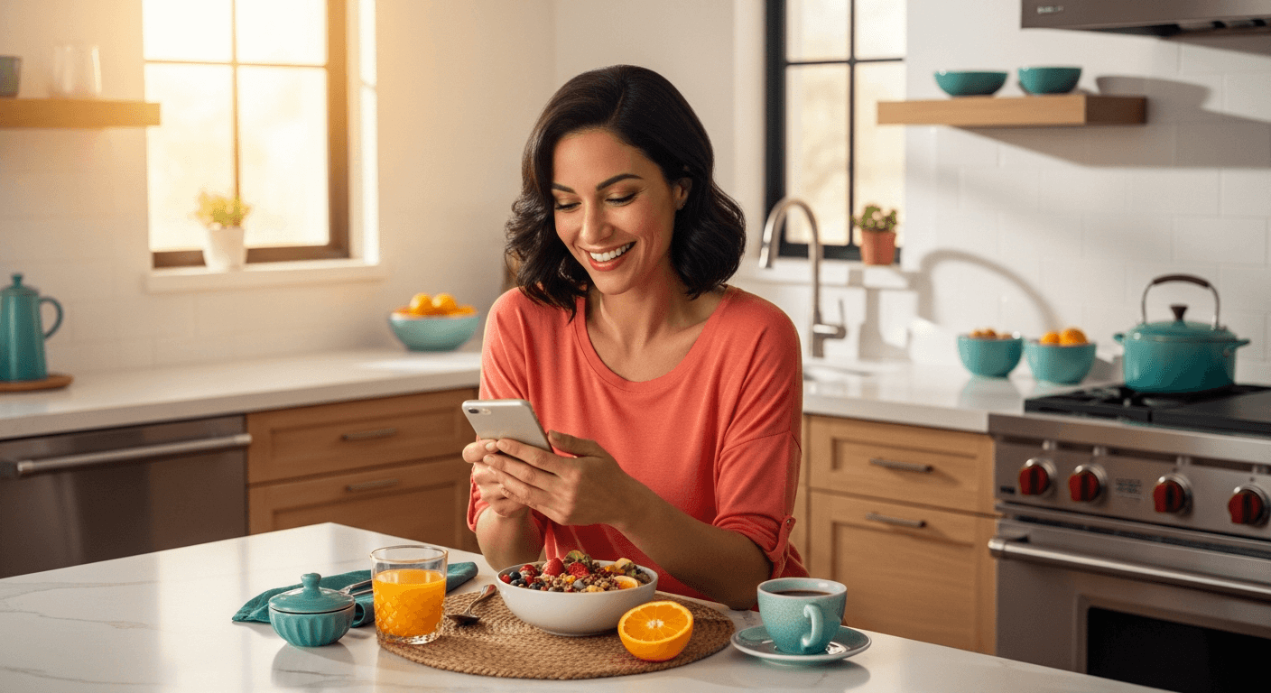 Woman in kitchen using GLP Together app
