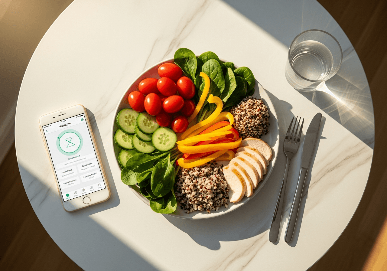 Healthy meal flat lay with phone showing nutrition tracking